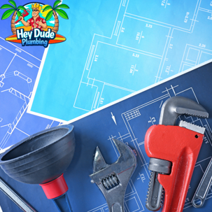 plumbing tools and blueprints